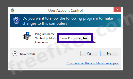 Screenshot where Even Balance, Inc. appears as the verified publisher in the UAC dialog